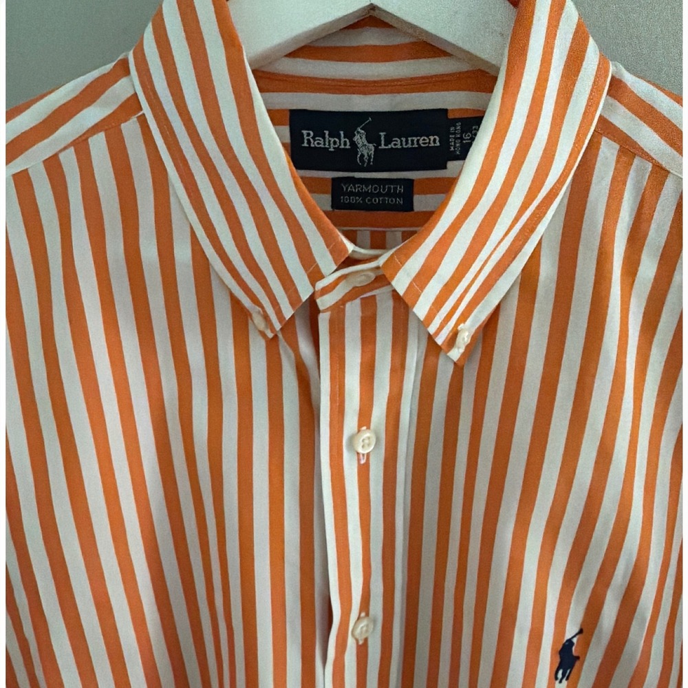 Ralph Lauren Yarmouth Men 16 32/33 Orange White Striped Cotton Button Down Shirt